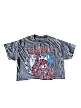 Johnny Cash Band Tee Cropped Cut Medium Brown Music Country Outlaw Short Sleeve